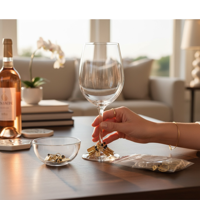 Person holding a wine glass with inspirational charms, bottle of wine on a table, blurred background