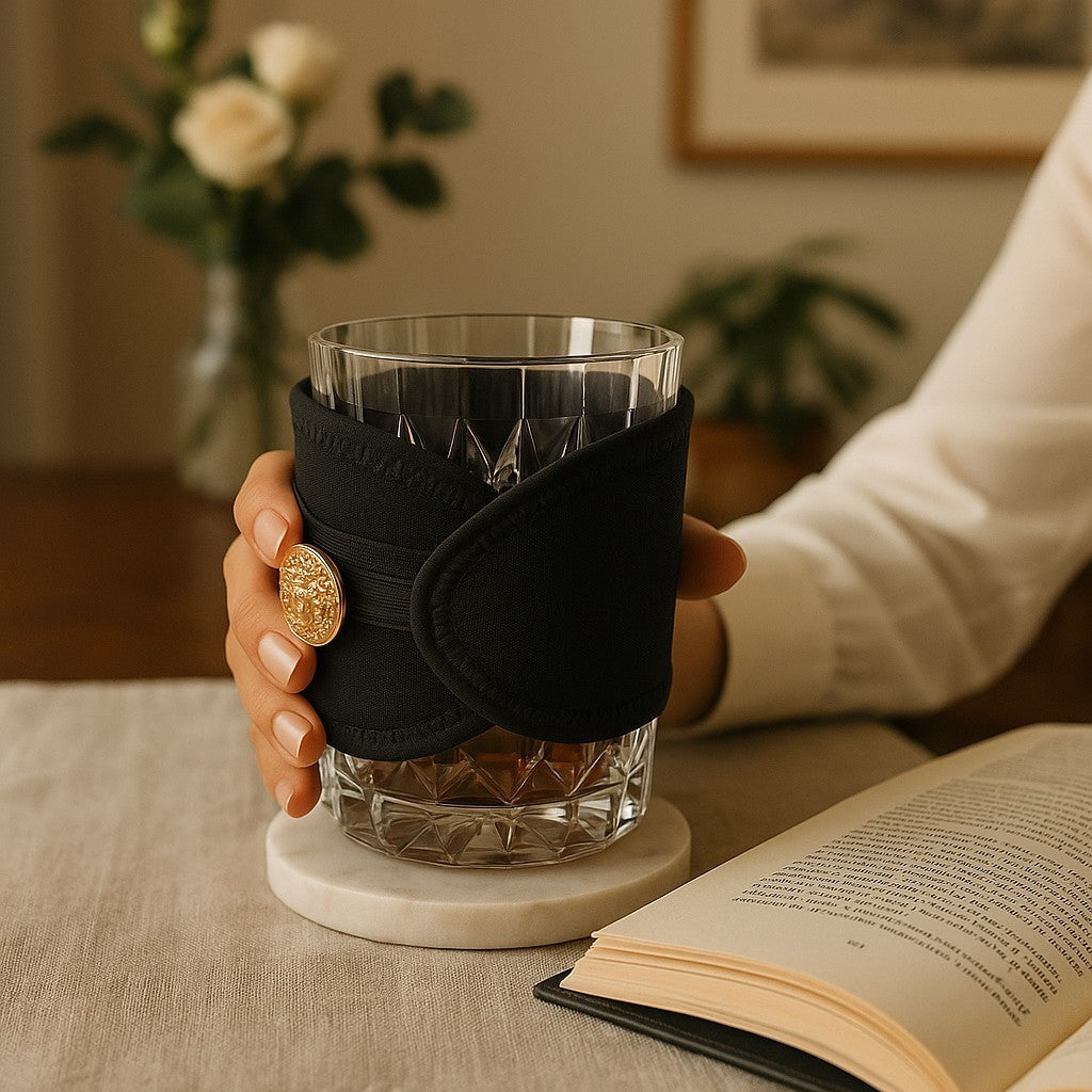 Person holding a glass with a black sleeve featuring a gold emblem, next to an open book on a table.