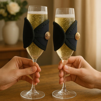 Two champagne flutes with black sleeves held by hands on a wooden surface.