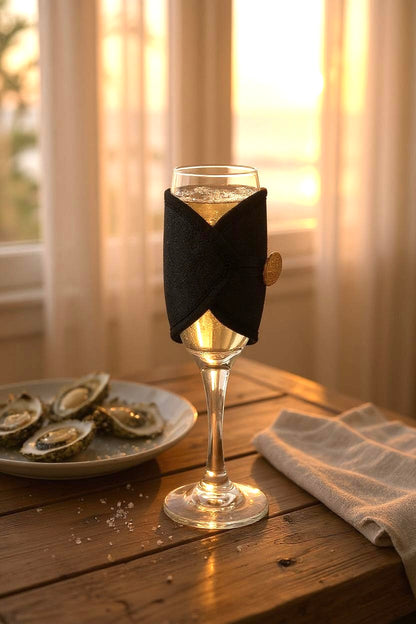 Wine glass with a black sleeve on a wooden table with oysters and a cloth napkin.