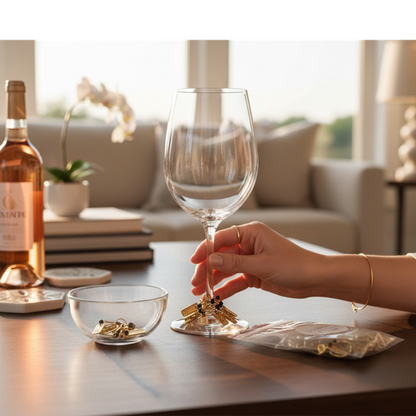 Person holding a wine glass with inspirational charms, bottle of wine on a table, blurred background