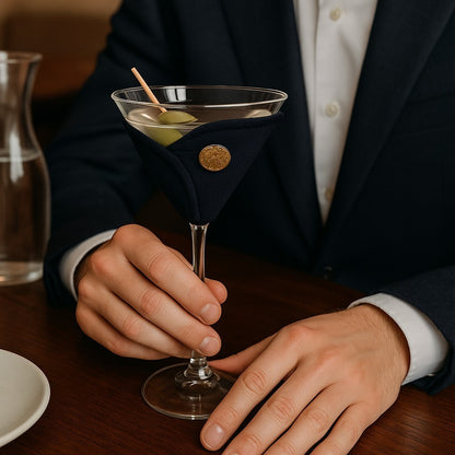 Person holding a cocktail glass with a martini and olive garnish, wearing a dark suit.