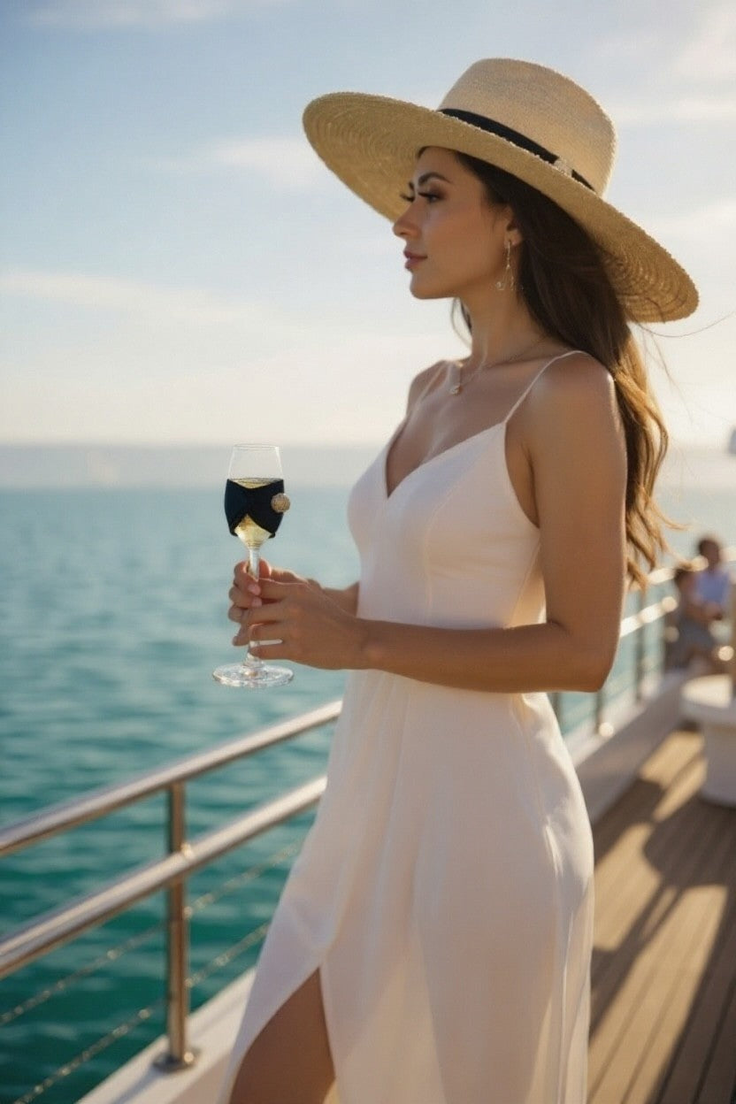 Woman in a white dress and straw hat holding a glass of wine on a boat deck.