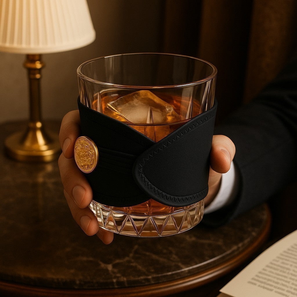 Hand holding a glass of whiskey with a decorative black sleeve featuring a gold button, against a warm-toned background.