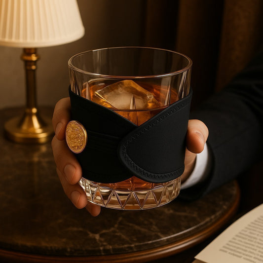 Hand holding a glass of whiskey with a decorative black sleeve featuring a gold button, against a warm-toned background.